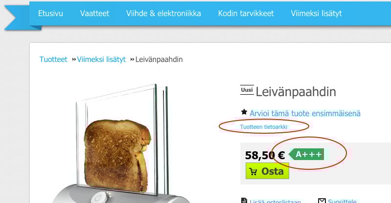 Energiatehokkuusmerkki tuotesivulla