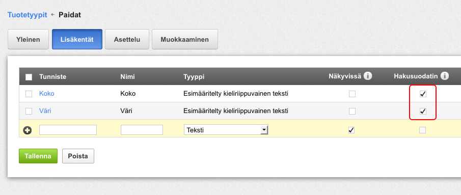 Tuotteen attribuutit suodattimeen