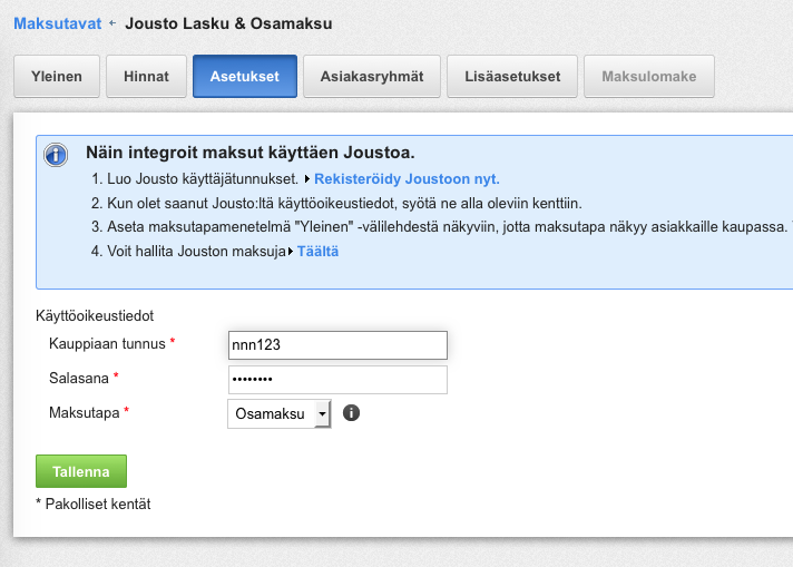 Jousto maksutavan asentaminen kauppaan