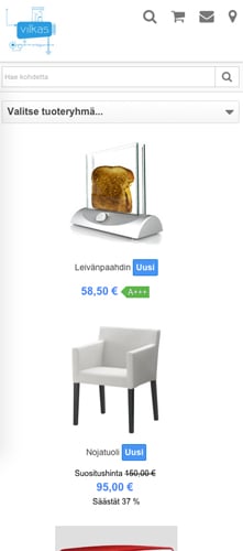 Etusivun tuotteet tavallisena listana