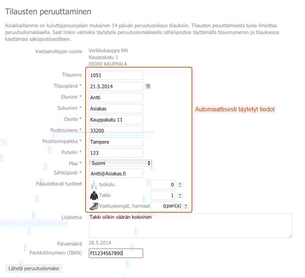 Verkkokaupan tilauksen peruutuslomake