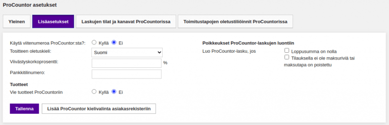 Vilkas - Procountor - Lisäasetukset