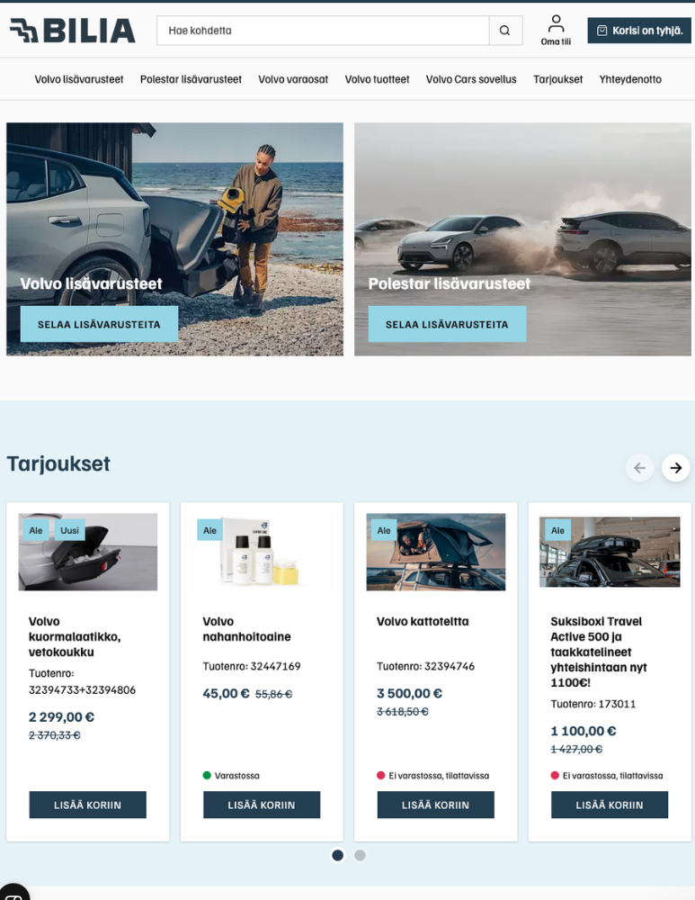 Bilia verkkokaupan etusivu, jossa on tarjolla varaosia ja muita tuotteita Volvoon. Bilia verkkokaupan etusivu, jossa on tarjolla varaosia ja muita tuotteita Volvoon.